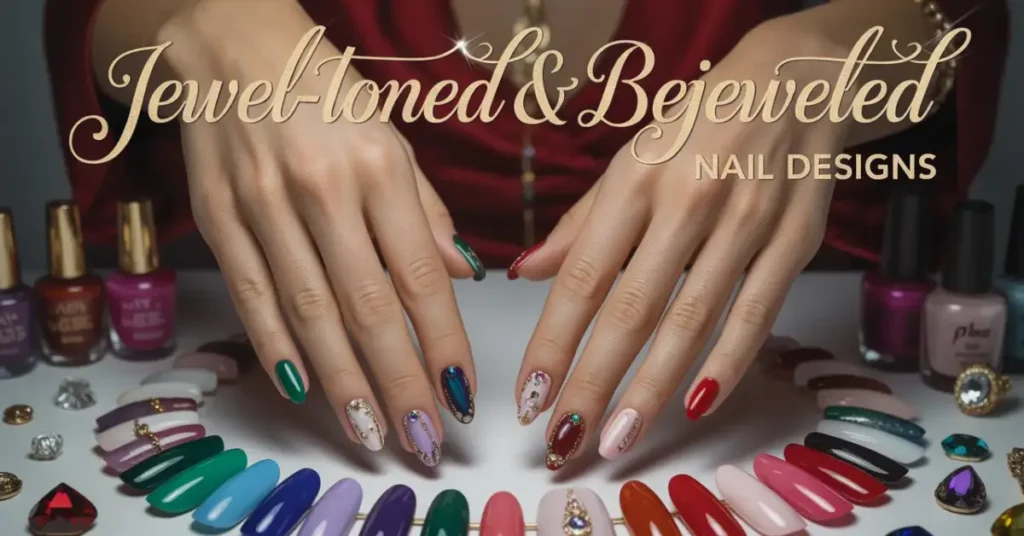 Jewel-Toned & Bejeweled Nail Designs